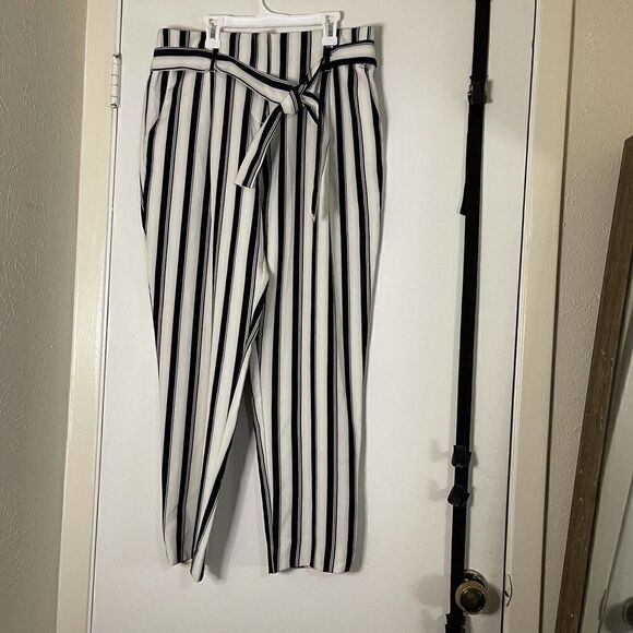 River Island Black stripe tie waist tapered trousers size US 14 - Picture 1 of 7